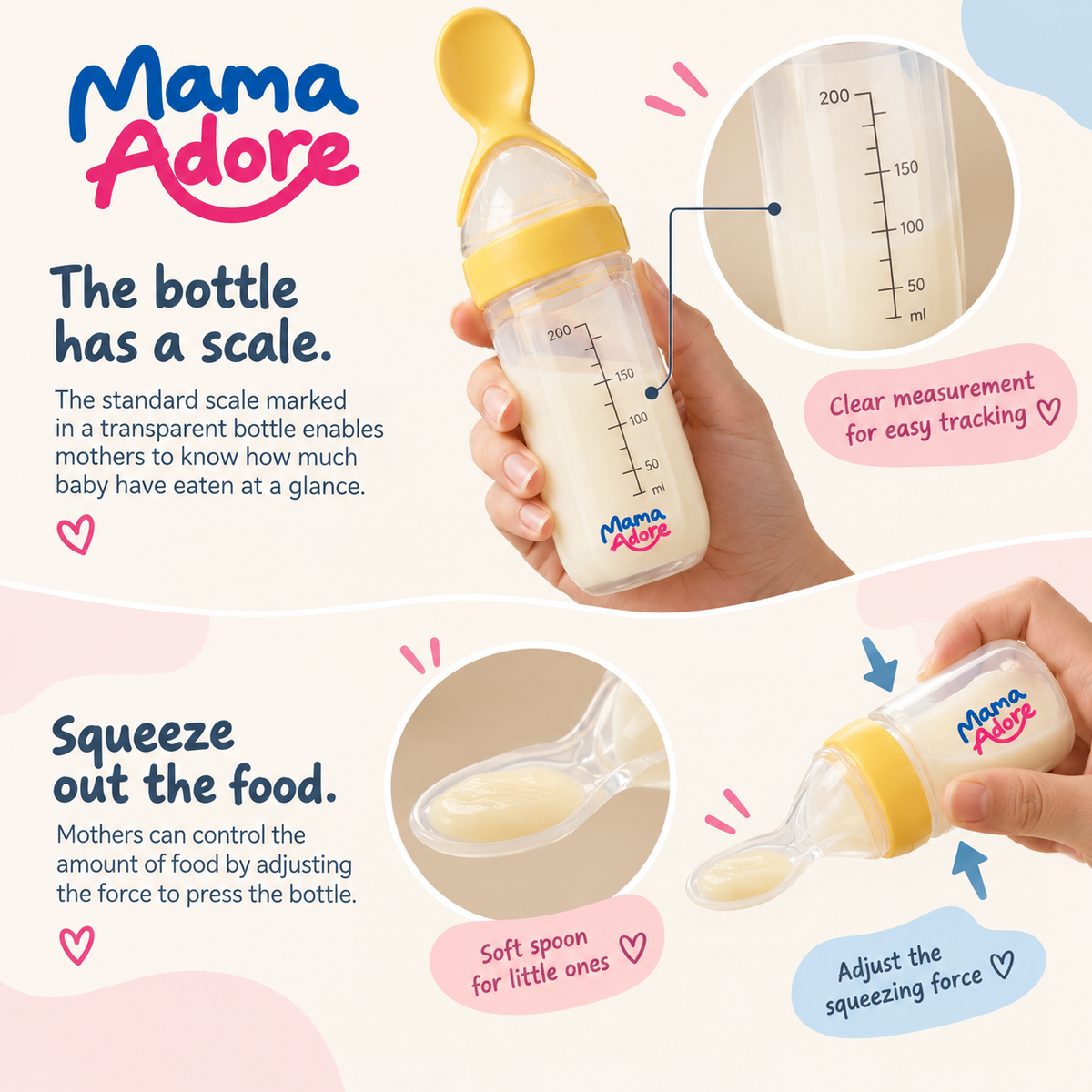 Mama Adore’s Squeeze Silicone Baby Food Dispensing Spoon Feeder Bottle