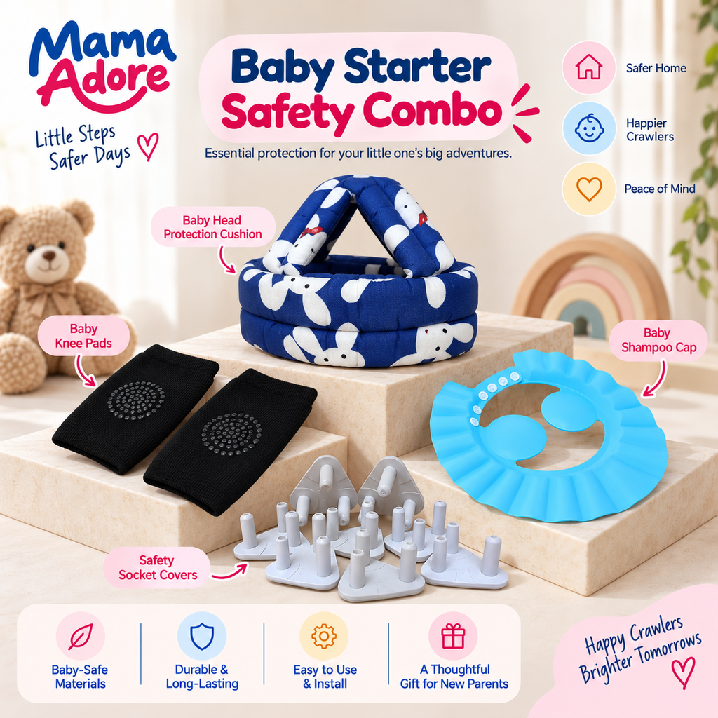 Mama Adore 4-in-1 Baby Starter Safety Combo (Head Cushion, Knee Pads, Socket Covers & Bath Cap)